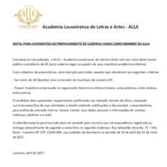 Utilidade Pública – Edital para candidatos ao preenchimento de cadeiras vagas como membro da Academia Louveirense de Letras e Artes (Alla)