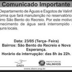 Utilidade Pública – Comunicado DAEV 17/05/2017