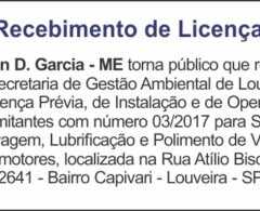 Utilidade Pública – Edital de Recebimento de Licença 29/05/17