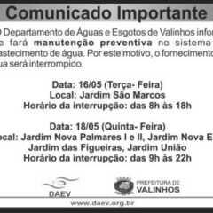Utilidade Pública – Comunicado DAEV 11/05/2017