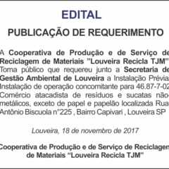 Utilidade Pública – Edital de Publicação de Requerimento de Instalação – “Louveira Recicla TJM”
