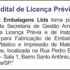 Utilidade Pública – Edital de Licença Prévia 07/02/18