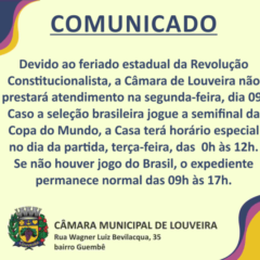 Em razão do feriado, Câmara de Louveira não abrirá na próxima segunda-feira (09)
