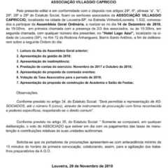 Utilidade Pública – Edital de Convocação Assembleia Geral Ordinária Associação Villaggio Capriccio