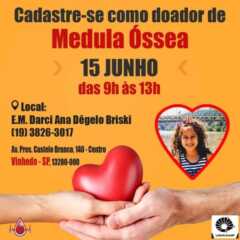 VINHEDO: Cadastro de doação de medula óssea acontece no próximo dia 15