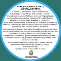 VINHEDO: Paralisação dos Auxiliares de Educação pode interromper atividades de creches nesta quarta-feira (23)