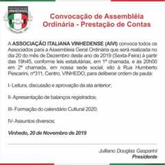 Utilidade Pública: Convocação de Assembléia Ordinária da AIVI – Associação Italiana Vinhedense