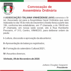 Utilidade Pública: Convocação de Assembléia Ordinária da AIVI – Associação Italiana Vinhedense