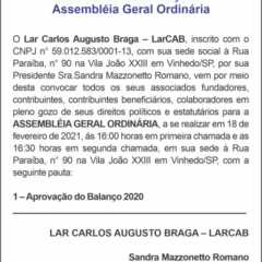 Utilidade Pública – Edital de Convocação LAR CARLOS AUGUSTO BRAGA – LARCAB