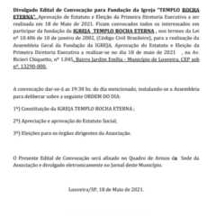 Utilidade Pública – Edital de Convocação Igreja Templo Rocha Eterna