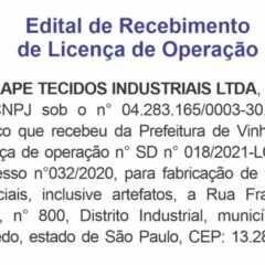 Utilidade Pública – Edital de Recebimento de Licença Inbrape Tecidos Industriais