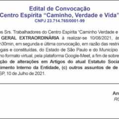 Utilidade Pública – Edital de Convocação Centro Espírita ‘‘Caminho, Verdade e Vida’’