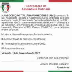 Utilidade Pública: Convocação de Assembléia Ordinária da AIVI – Associação Italiana Vinhedense