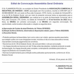 Utilidade Pública – Edital de Convocação Assembleia Geral Ordinária Associação Comercial e Industrial de Vinhedo – ACIVI