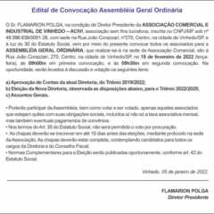 Utilidade Pública – Edital de Convocação Assembleia Geral Ordinária Associação Comercial e Industrial de Vinhedo – ACIVI