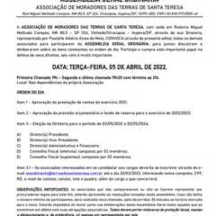 Utilidade Pública – Edital de Convocação Assembleia Geral Ordinária Associação de Moradores das Terras de Santa Teresa