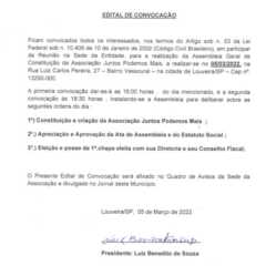 Utilidade Pública – Edital de Convocação da Assembleia Geral de Constituição da Associação Juntos Podemos Mais