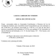 Utilidade Pública – Edital de Convocação do Lar da Caridade de VINHEDO