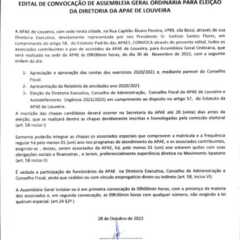 LOUVEIRA: EDITAL DE CONVOCAÇÃO DE ASSEMBLEIA GERAL ORDINÁRIA PARA ELEIÇÃO DA DIRETORIA DA APAE DE LOUVEIRA