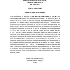 VINHEDO: EDITAL DE CONVOCAÇÃO DE ASSEMBLÉIA GERAL EXTRAORDINÁRIA – HOPI HARI S.A (EM RECUPERAÇÃO JUDICIAL)