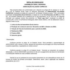 LOUVEIRA: EDITAL DE CONVOCAÇÃO – ASSEMBLEIA GERAL ORDINÁRIA – ASSOCIAÇÃO VILLAGGIO CAPRICCIO