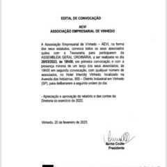 VINHEDO: Edital de Convocação – AEVI – Associação Empresarial de Vinhedo