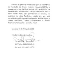 LOUVEIRA: Edital de Convocação para Assembléia de Fundação do Grupo de Escoteiro Louveira 518/SP