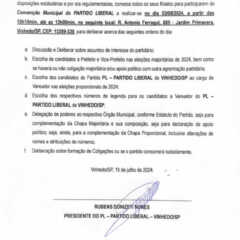 VINHEDO: Partido PL convoca filiados para Convenção Municipal