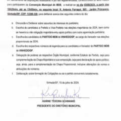 VINHEDO: Partido MDB convoca filiados para Convenção Municipal