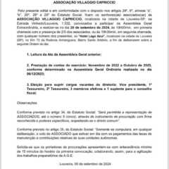 LOUVEIRA: Edital de Convocação – Assembleia Geral Extraordinária – Associação Villagio Capriccio
