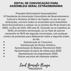 VINHEDO: Edital de Convocação Associação Comunitária de Desenvolvimento Cultural e Artístico do Bairro da Capela