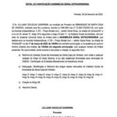 VINHEDO: Edital de Convocação – Assembléia Geral Extraordinária – Irmandade da Santa Casa de Vinhedo