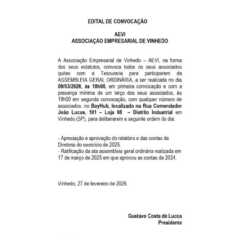 VINHEDO: AEVI convoca associados para Assembleia Geral Ordinária